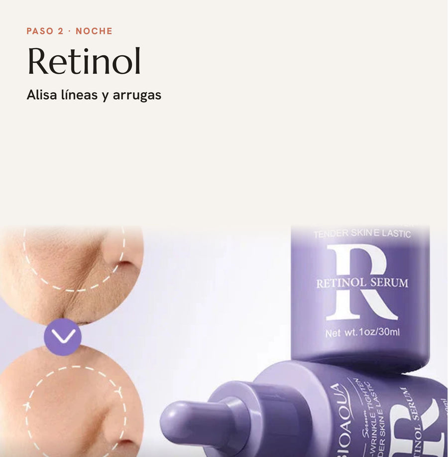 Kit 3 Sérums Bioaqua · Vitamina C + Retinol + Ácido Hialurónico (3×30 ml)