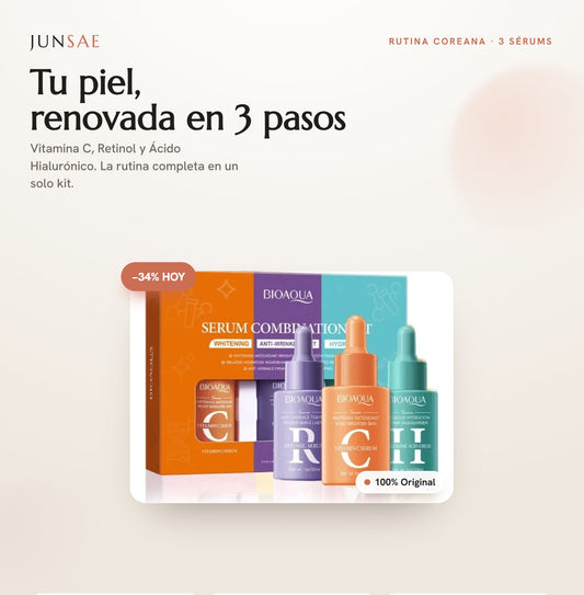 Kit 3 sérums Bioaqua Vitamina C, Retinol y Ácido Hialurónico — rutina coreana en 3 pasos